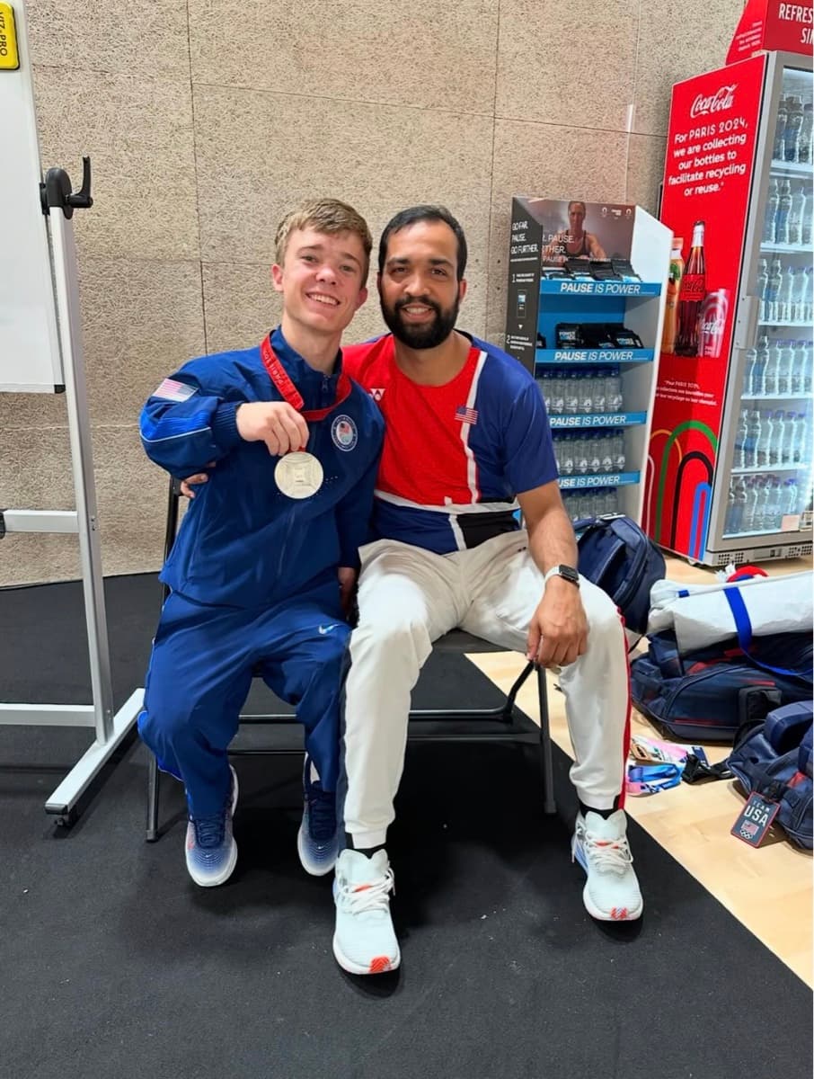 Miles with Coach Abhishek backstage after winning silver