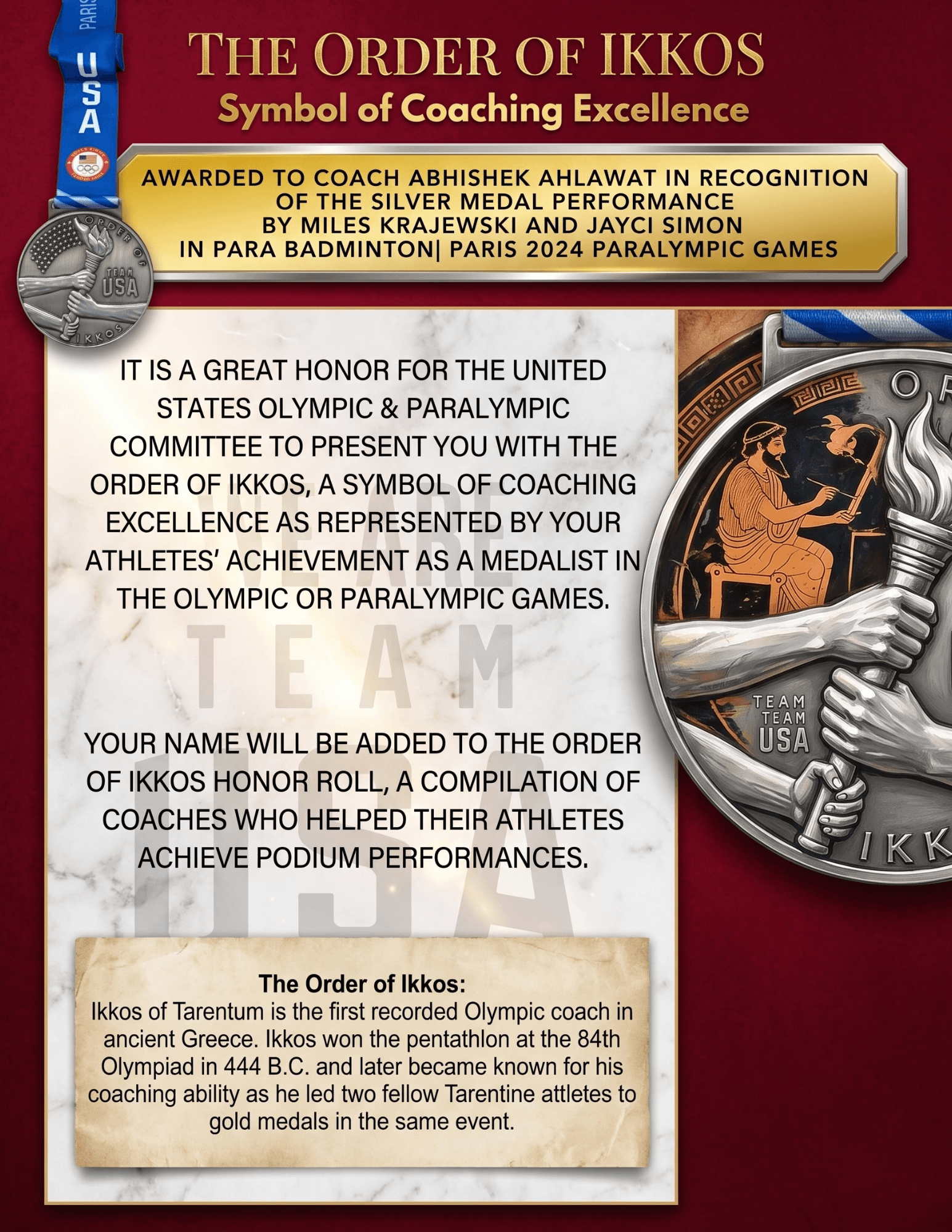 Order of Ikkos certificate and medal presented to Coach Abhishek Ahlawat — Paris 2024 Paralympics