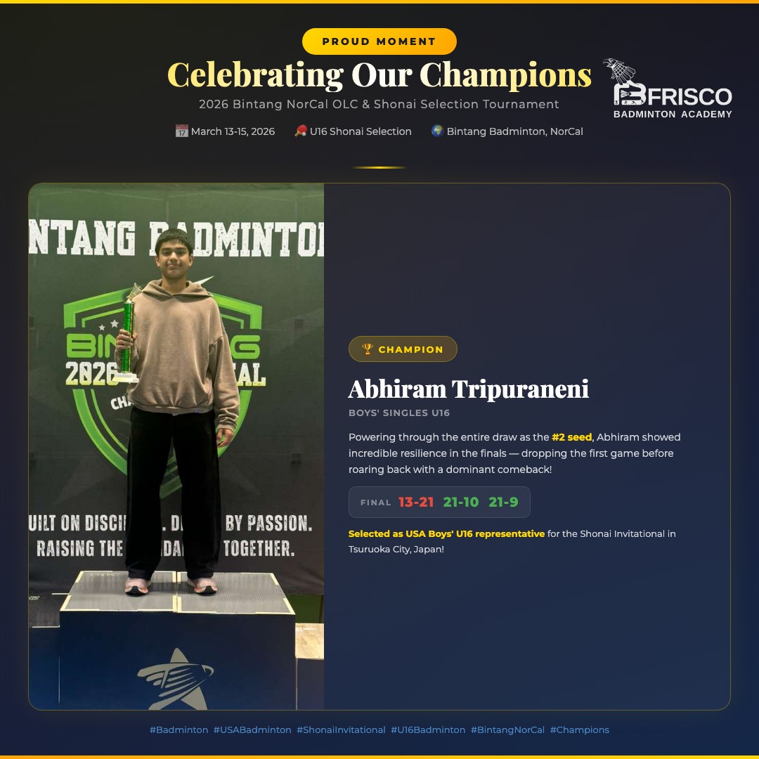 FBA athlete selection as the USA Boys' U16 representative for the International Badminton Shonai Invitational 2026